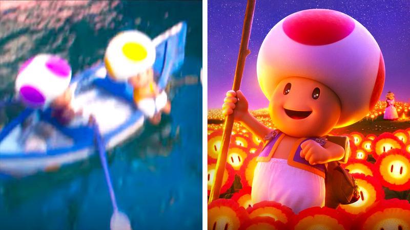A picture of Toads fishing and a Toad in a field of fire flowers in The Super Mario Bros. Movie