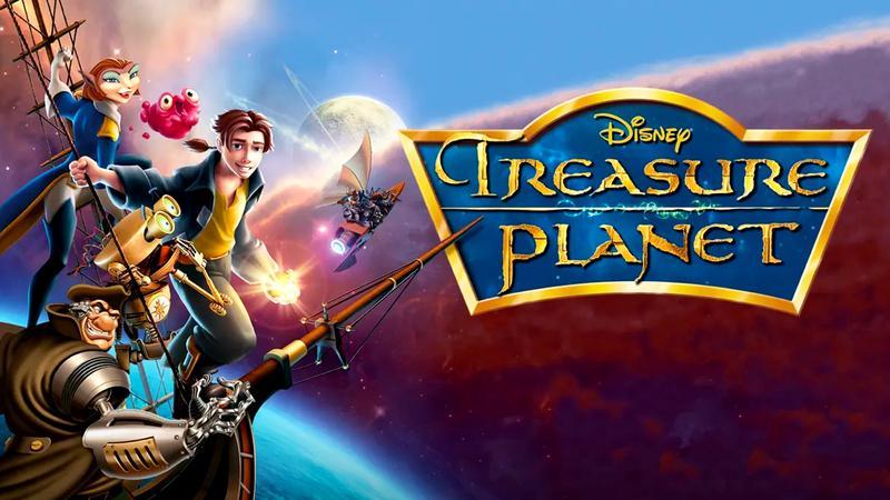 Treasure Planet poster featuring space and a large ship