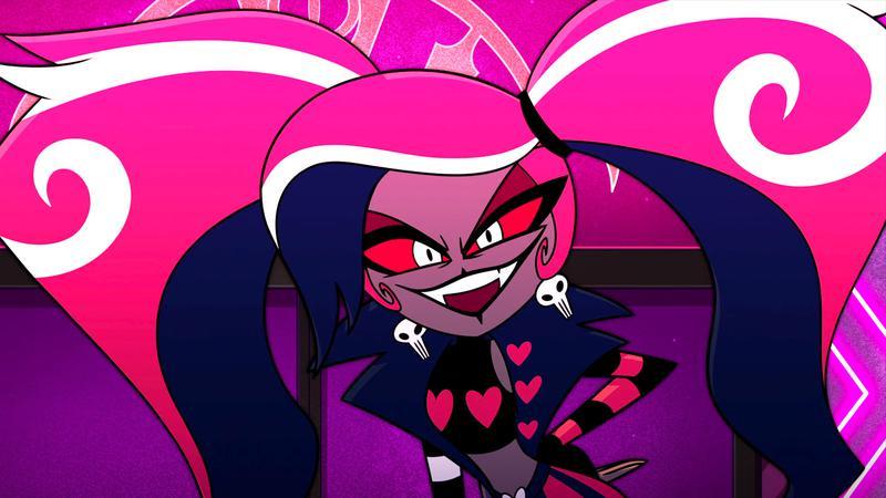 Velvette with her hands on her hips and hair in pig-tails in Hazbin Hotel