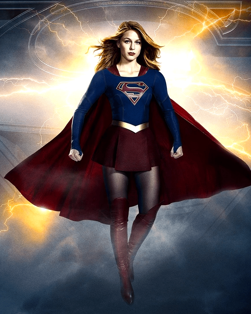 Mellisa Benoist as Supergirl flying in the sky in Supergirl