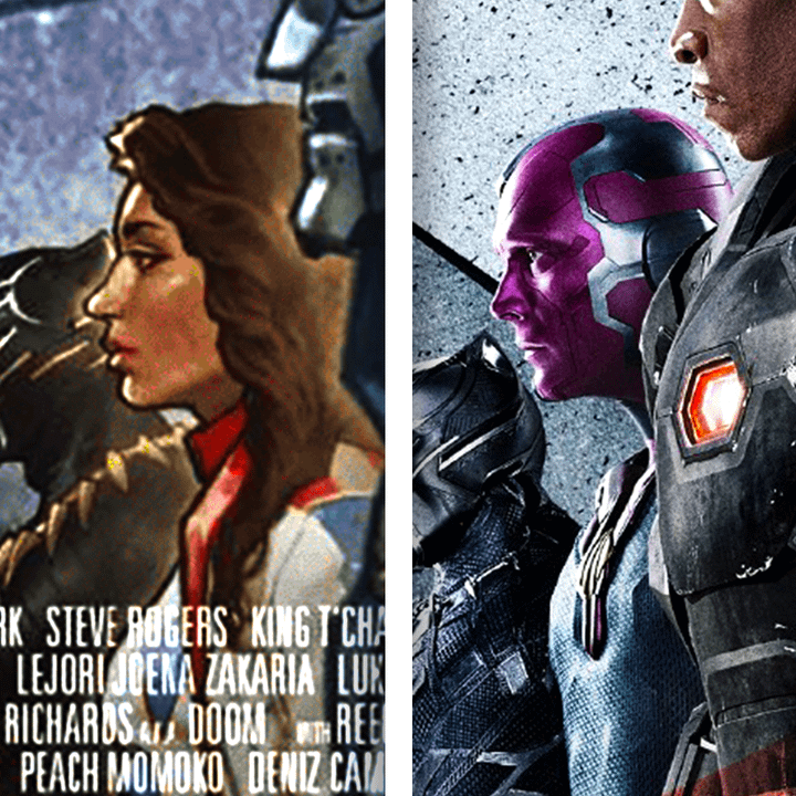 America Chavez on the Ultimate Endgame cover and Vision on the Captain America: Civil War poster.