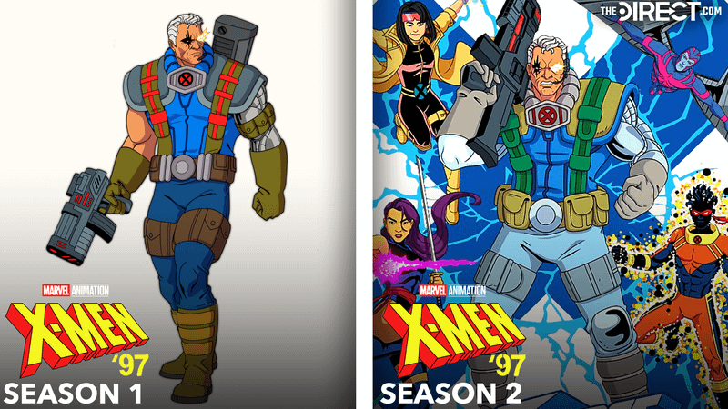 Cable in blue, gren, and red costume from 'X-Men '97' Season 1, Cable in blue, grey, green, and gold suit from 'X-Men '97' Season 2.