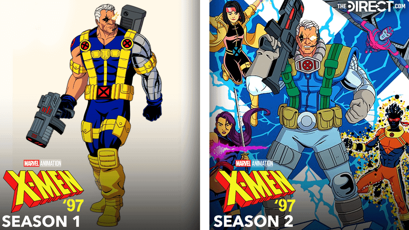 Cable in blue and yellow X-Men suit from 'X-Men '97' Season 1, Cable in blue, grey, green, and gold suit from 'X-Men '97' Season 2.