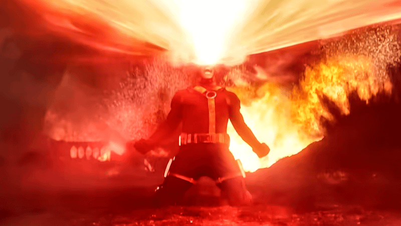 James Marsden Cyclops blasting lasers from eyes with Sentinels in Avengers Doomsday trailer.