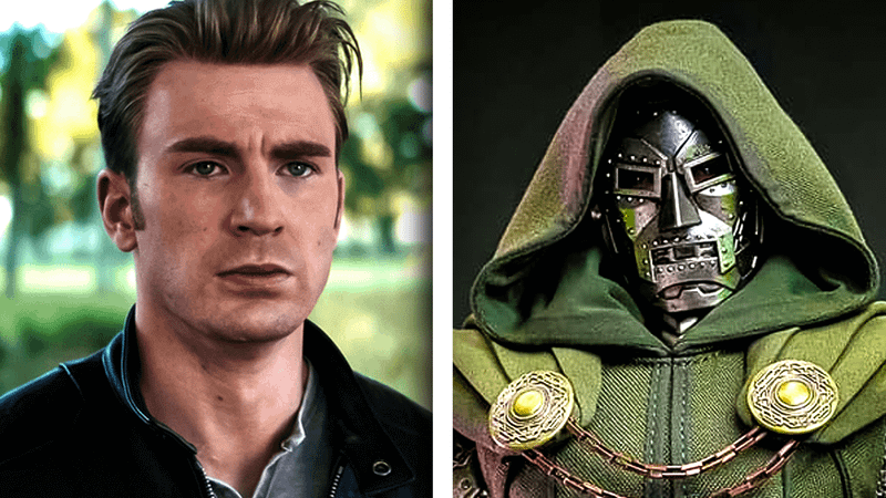 Chris Evans as Steve Rogers looking troubled in Avengers: Endgame; Doctor Doom wearing his green hood and robes, and metal mask.