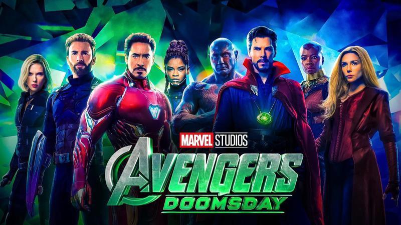 The Avengers standing together with the Avengers: Doomsday logo in front of them