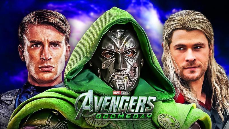 Steve Rogers, Doctor Doom, and Thor with the Avengers: Doomsday logo.