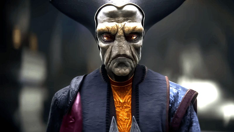 An alien being with gray skin, a large headdress, and blue, gold, and purple clothing in Star Wars: Eclipse.