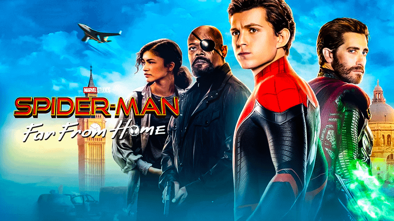 Spider-Man: Far From Home banner from Disney+, Zendaya as MJ, Samuel L. Jackson as Nick Fury, Tom Holland as Peter Parker, Jake Gyllenhaal as Mysterio