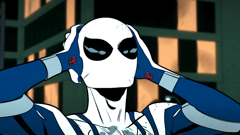 Peter Parker wearing a white Spider-Man suit and holding his hands to his head in Your Friendly Neighborhood Spider-Man