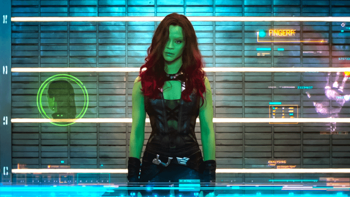 Gamora appearing annoyed during her mugshot.