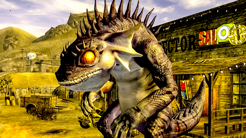 Gojira in a dusty town in Fallout