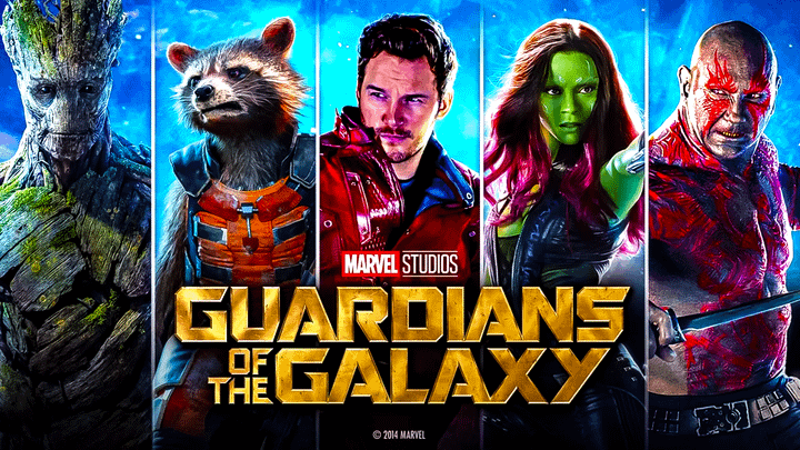 Groot, Rocket, Star-Lord, Gamora, and Drax on the Guardians of the Galaxy poster.