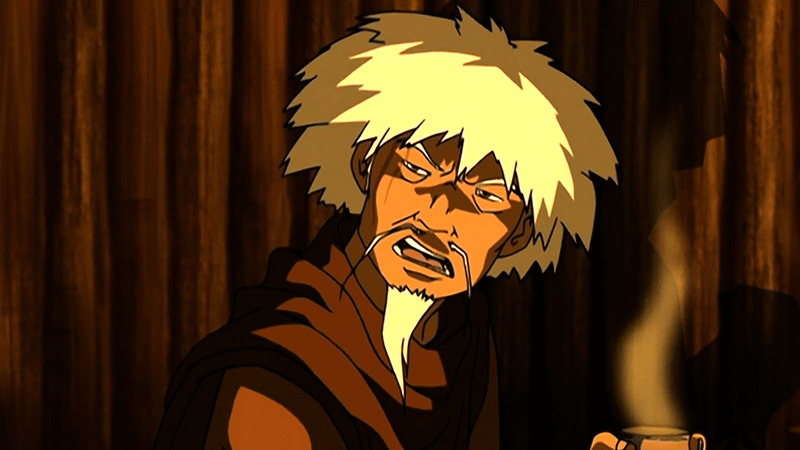 Jeong Jeong with a steaming cup of something in a dimly-lit environment in Avatar: The Last Airbender