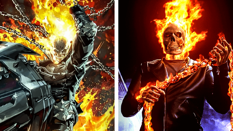 Johnny Blaze Ghost Rider in comics and 2007 movie, Nicolas Cage.