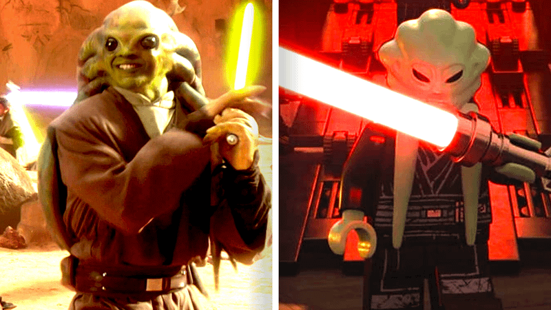 Kit Fisto swinging his saber in Star Wars Episode II and LEGO Star Wars