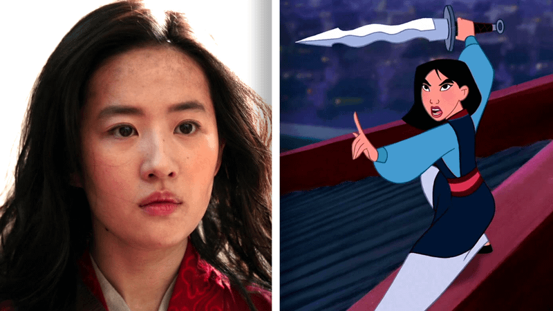 Liu Yifei as Mulan on the left and the animated Mulan on the right.