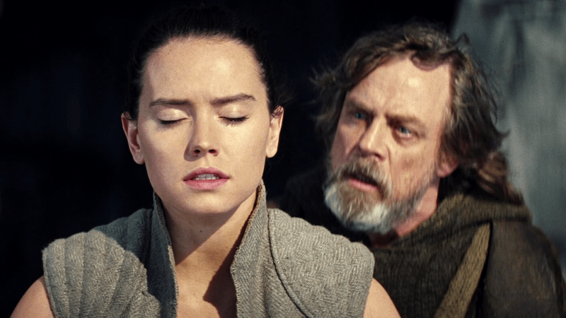 Luke Skywalker talking into Rey's eras in Star Wars: The Last Jedi