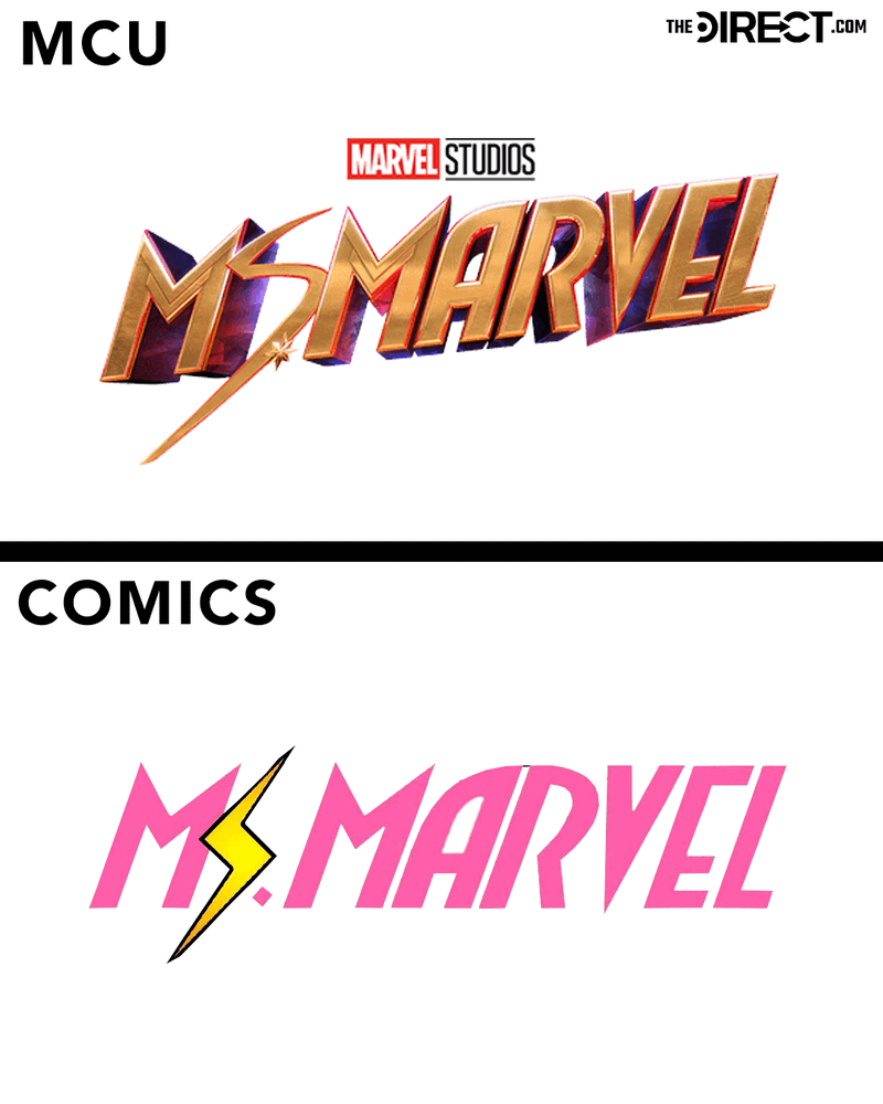 Two images. First: The logo for Ms. Marvel in the M.C.U. It is primarily gold, with a red-and-blue gradient on the three-dimensional sides, and a round lightning bolt as the