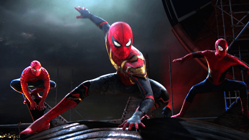 Three Spider-Men landing together in No Way Home.