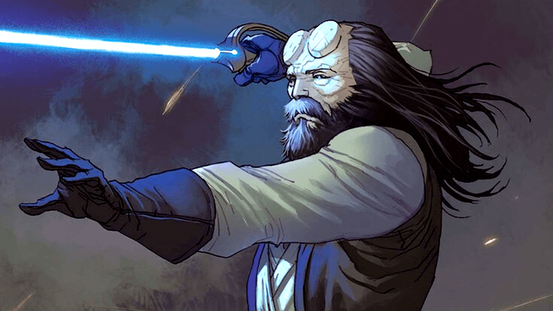 Porter Engle holding out his blue lightsaber in The High Republic