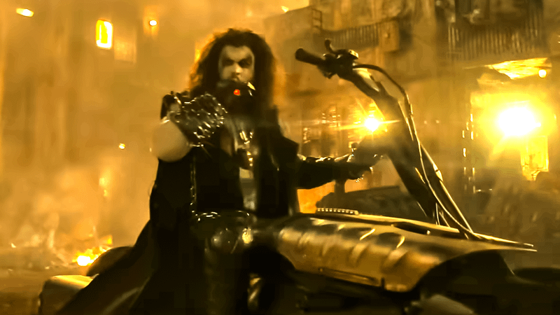 Jason Momoa as Lobo on his bike.