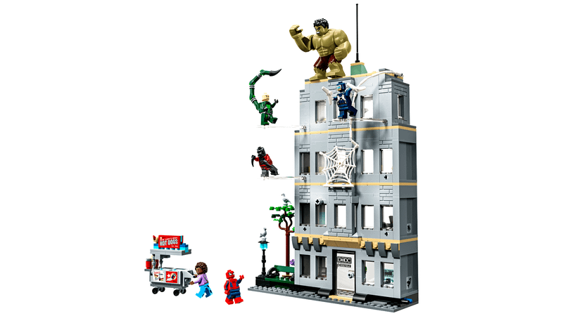 An office building LEGO with Marvel characters like Spider-Man and Hulk.