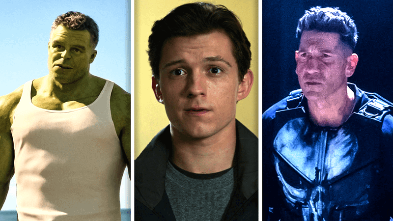 Mark Ruffalo as Smart Hulk in She-Hulk: Attorney at Law, Tom Holland as Peter Parker in Spider-Man: No Way Home, Jon Bernthal as Frank Castle in Daredevil: Born Again