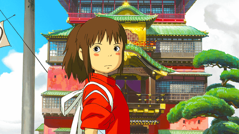 Chihiro in front of a spa in Spirited Away