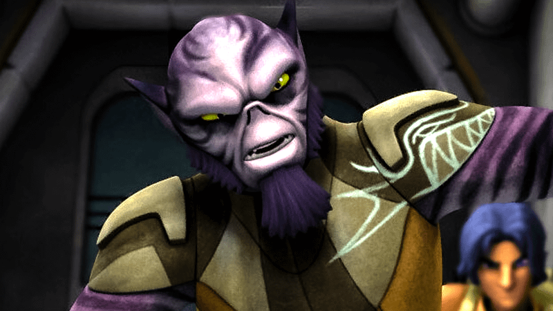 Zeb looking around a corner with Ezra in the back in Star Wars: Rebels