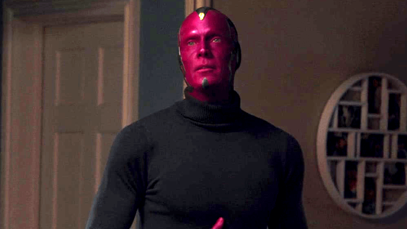Paul Bettany as Vision in a black turtle-neck in WandaVision