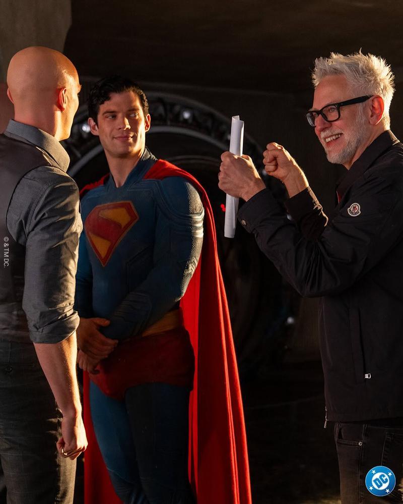 Nicholas Hoult, David Corenswet, and James Gunn on the set of Superman