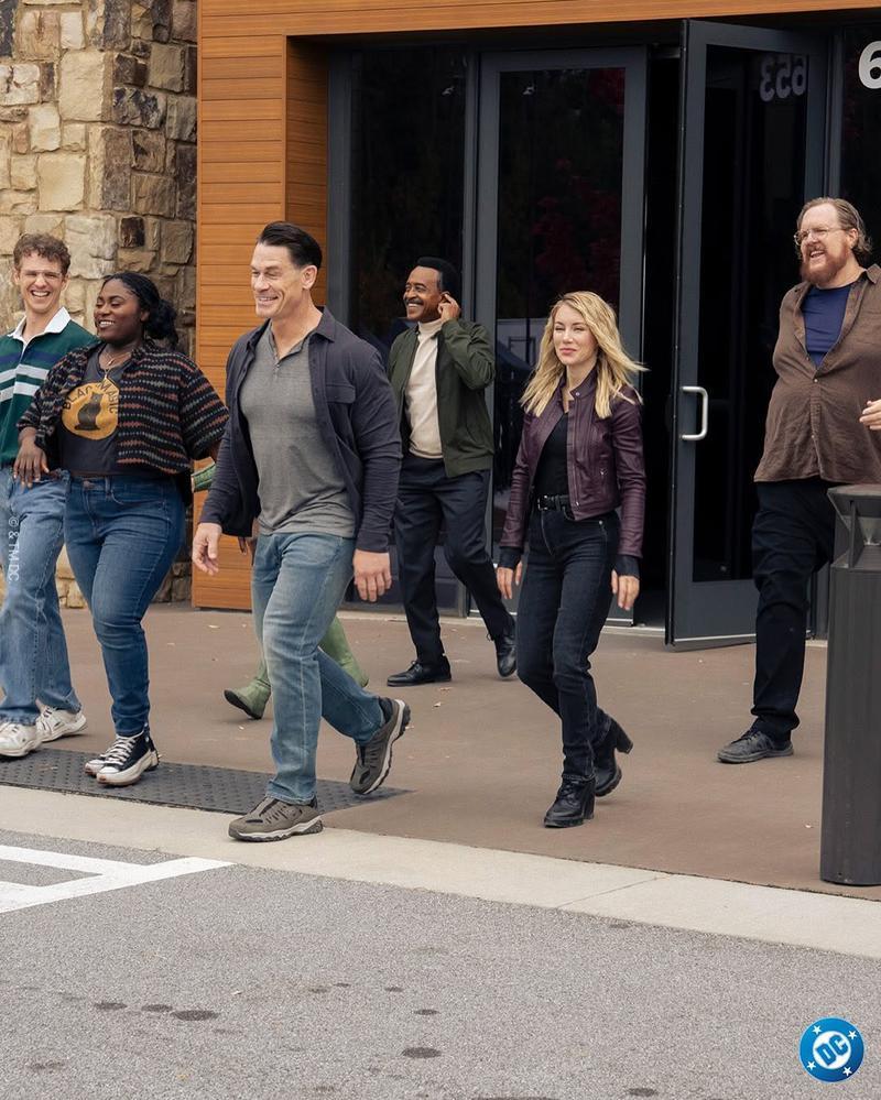 Freddie Stroma, Danielle Brooks, John Cena, Tim Meadows, Jennifer Holland, and Steve Agee shooting Peacemaker Season 2