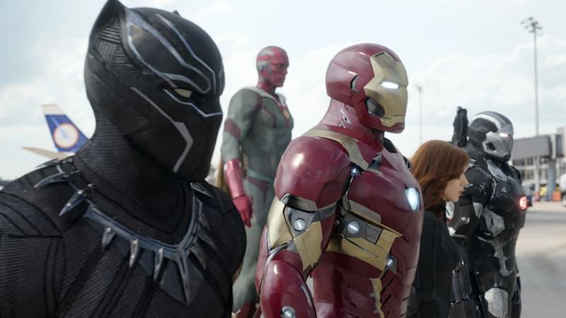 Vision, Iron Man, War Machine, Black Panther, and Black Widow in Avengers: Civil War