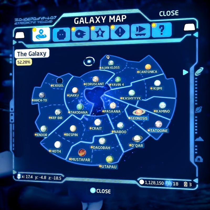 An in-game map of the Star Wars Galaxy from LEGO Star Wars - The Skywalker Saga