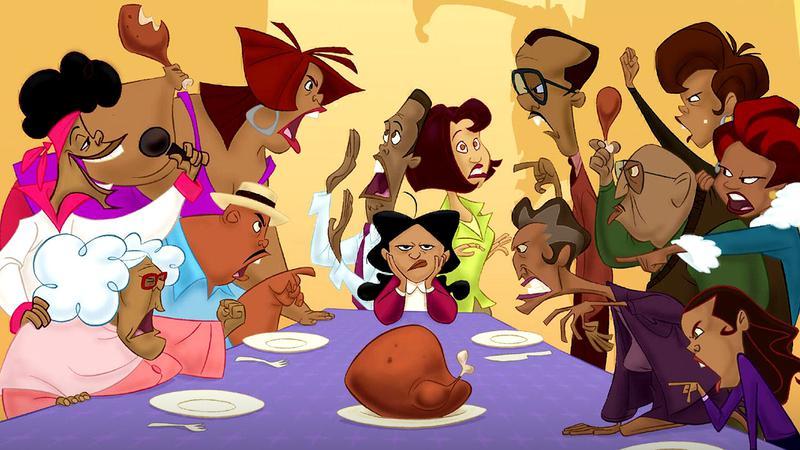 The Proud Family characters gathered around a long dining room table with a  turkey in the middle