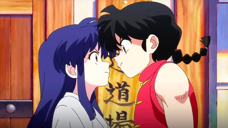 Ranma standing opposite a girl with blue hair in Ranma 1/2