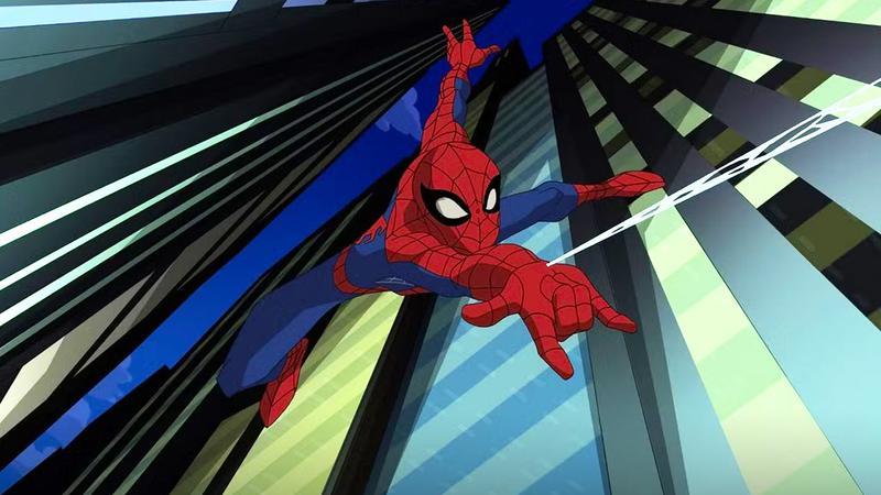 Spider-Man swinging between two buildings in The Spectacular Spider-Man