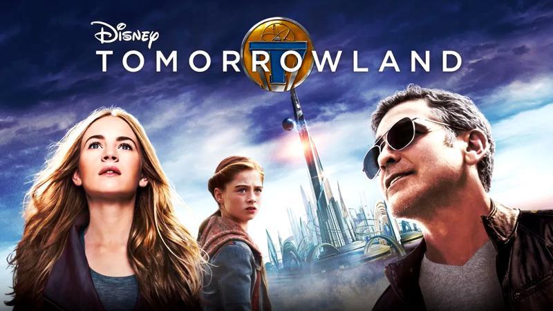 George Clooney on the Tomorrowland poster with a large city in the background