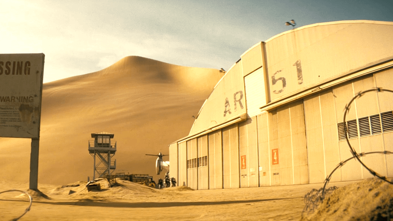 Area 51 with a sand dune behind it in Fallout Season 2