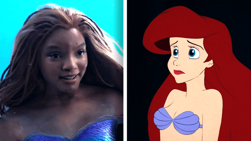 Halle Bailey as Ariel on the left and the animated Ariel on the right.