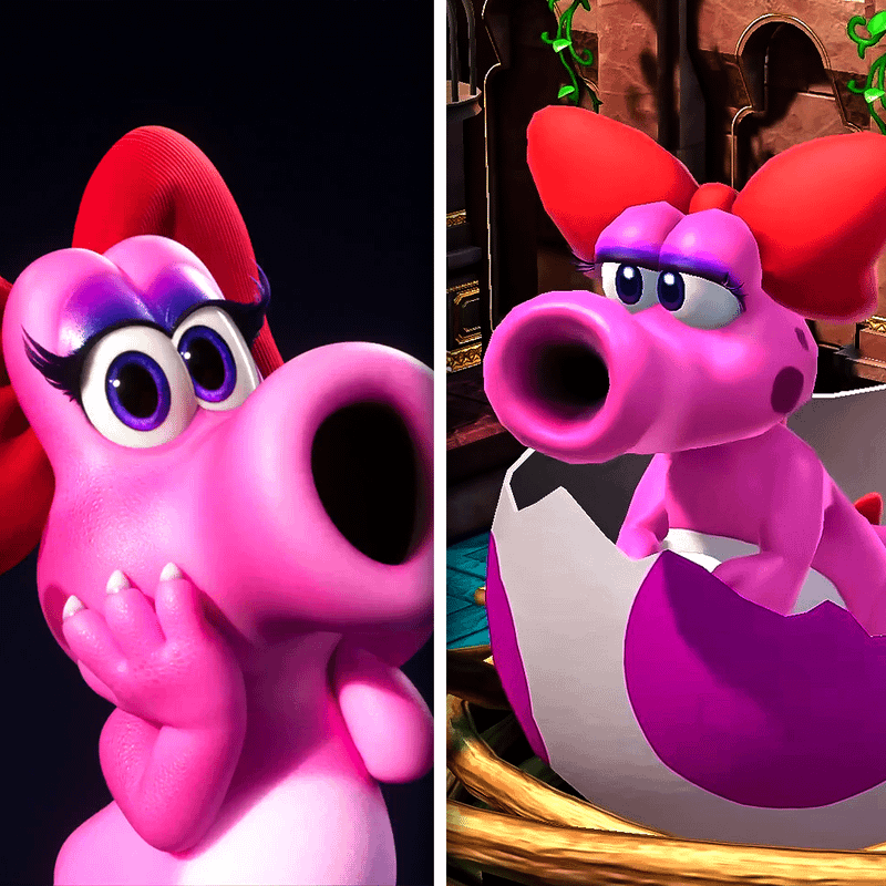 Birdo in Super Mario Galaxy Movie and in Mario games.