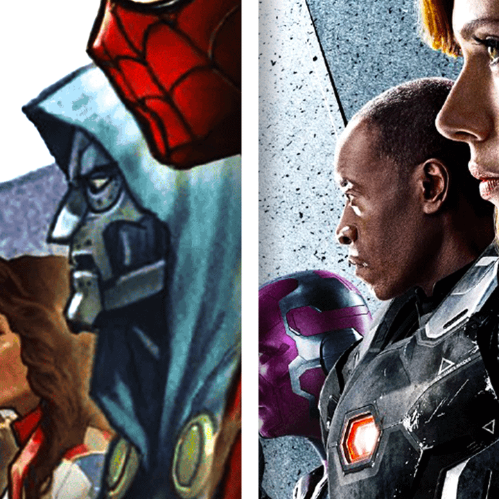 Doom on the Ultimate Endgame cover and War Machine on the Captain America: Civil War poster.