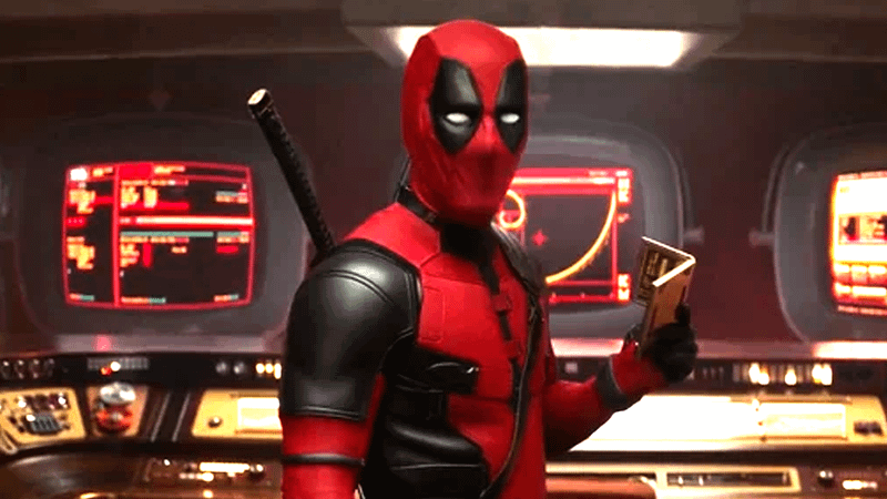 Ryan Reynolds as Deadpool in his full costume standing in the TVA in Deadpool & Wolverine
