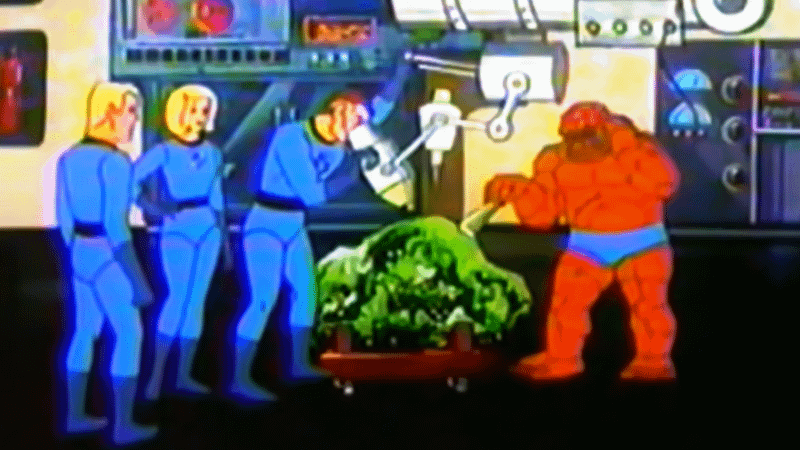 The Fantastic Four animated series showing Johnny Storm, Sue Storm, Reed RIchards, and the Thing looking at green goop