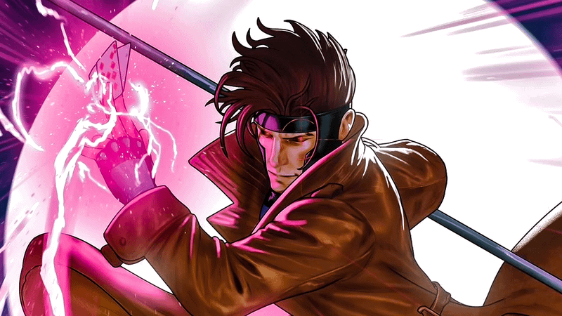 Remy LeBeau wielding his staff and deck of cards in Marvel Comics.