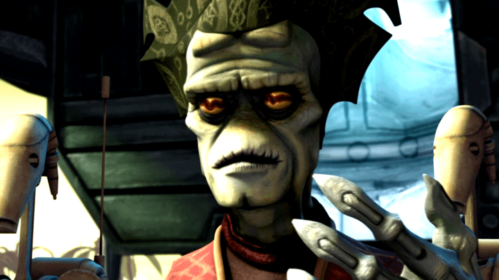 Nute Gunray standing beside two Battle droids.