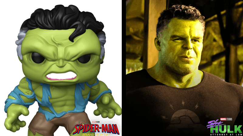 Savage Hulk Funko figure from Spider-Man Brand New Day compared with Hulk in She-Hulk.