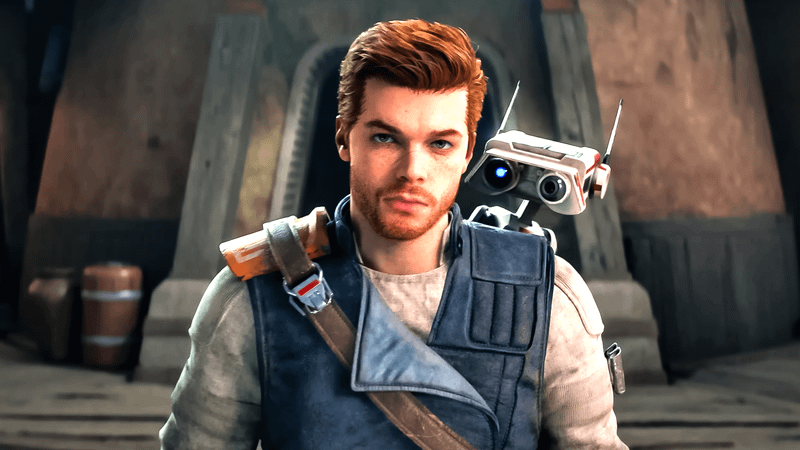 Cal Kestis, a red-haired man wearing a blue vest over a white undershirt, looks into the camera, a small droid perched on his shoulder in the Star Wars: Jedi games.