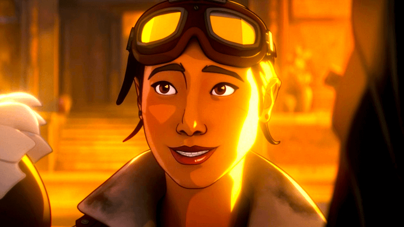 Katy with a pair of flight goggles on her head in Marvel Zombies